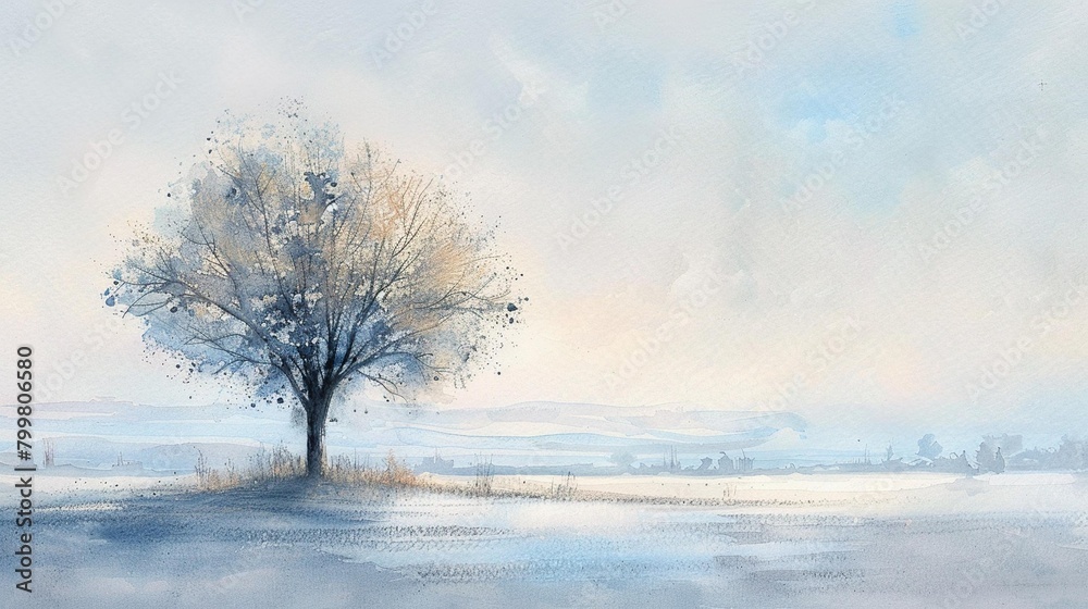A tranquil pastel watercolor of a lone tree, its branches whispering stories in a silent landscape AI Generate