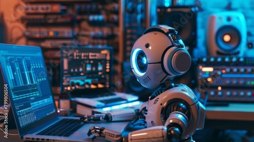 AI robot with headphones playing music in a music studio playing beats on