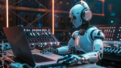 AI robot with headphones playing music in a music studio playing beats on © ศิริชาติ ชุมพล