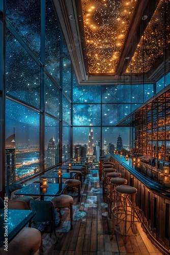 Chic rooftop bar set against the backdrop of a glittering cityscape under a starry night sky AI Generate