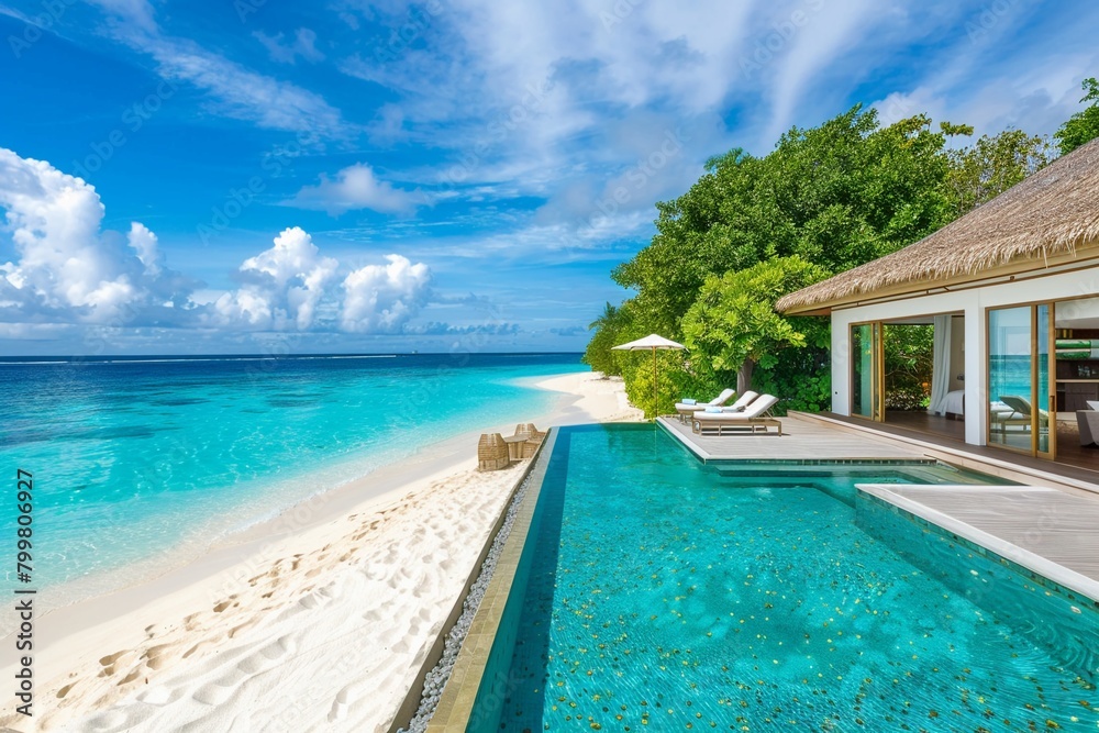 Sandy beach flanked by luxury pool villas, each with private decks facing the tropical azure sea AI Generate Sandy beach flanked by luxury pool villas, each with private decks facing the tropical azure sea AI Generate