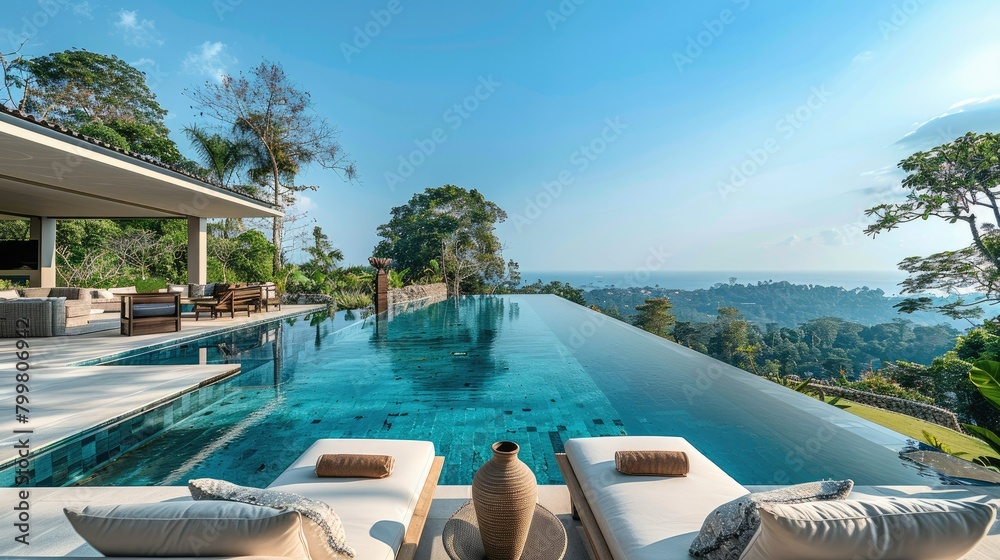 Fototapeta premium A comfortable seating in an eco luxurious villa, overseeing a large infinity swimming pool that overlooks a beautiful scenery. Generative AI.