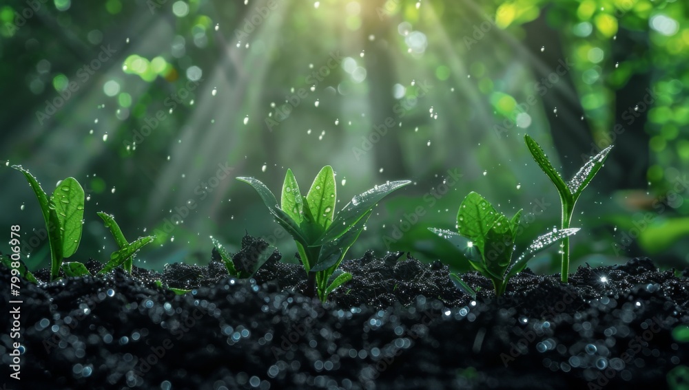 green sprouts on black soil, background of forest green sprouts on black soil, background of forest