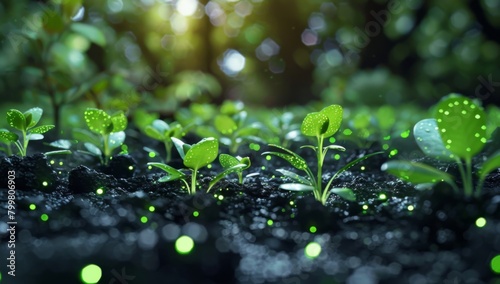 green sprouts on black soil, background of forest