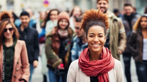 Smiling woman in a diverse crowd. A joyful woman with curly hair and a red scarf stands out in a bustling street, embodying cheerfulness and diversity. © Maxim