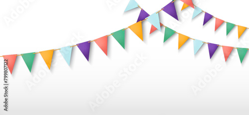 Triangle flag garland for birthday party banner. Fair string pennant bunting decoration to celebrate summer carnaval. Isolated 3d hanging triangular holiday paper border line. Welcome festival element photo