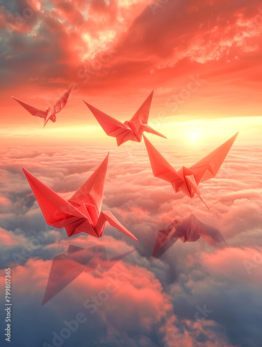 Red Origami Cranes Soaring at Sunset.