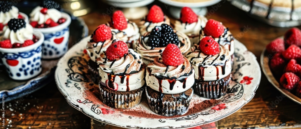 A plate of chocolate cupcakes topped with raspberries and blackberries.