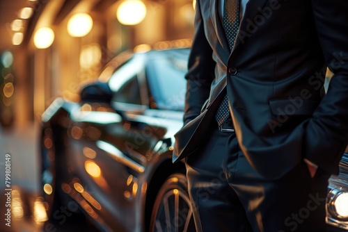 A rich guy in formal business suit which is standing in front of a supercar, successful businessman concept.
