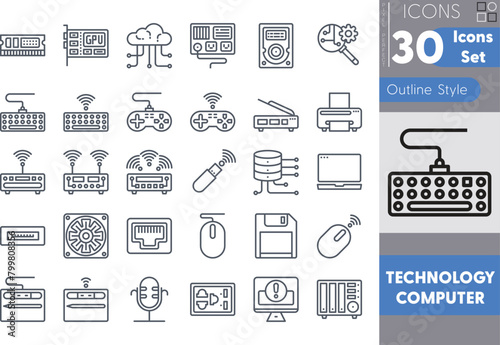Set of Technology Computer outline icons in linear style. User opinion and survey. Outline icon collection. Conceptual pictogram and infographic.
