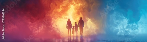 A family of four walks through a portal to another world.
