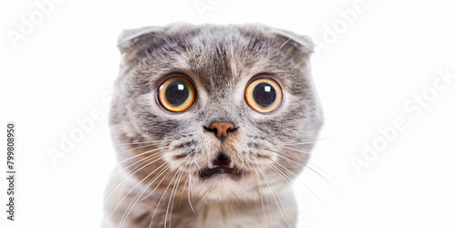 Portrait of a shocked gry cat with huge opened eyes on white background. Surprised with news with prices Black Friday 13th concept. Copy paste empty place for text photo