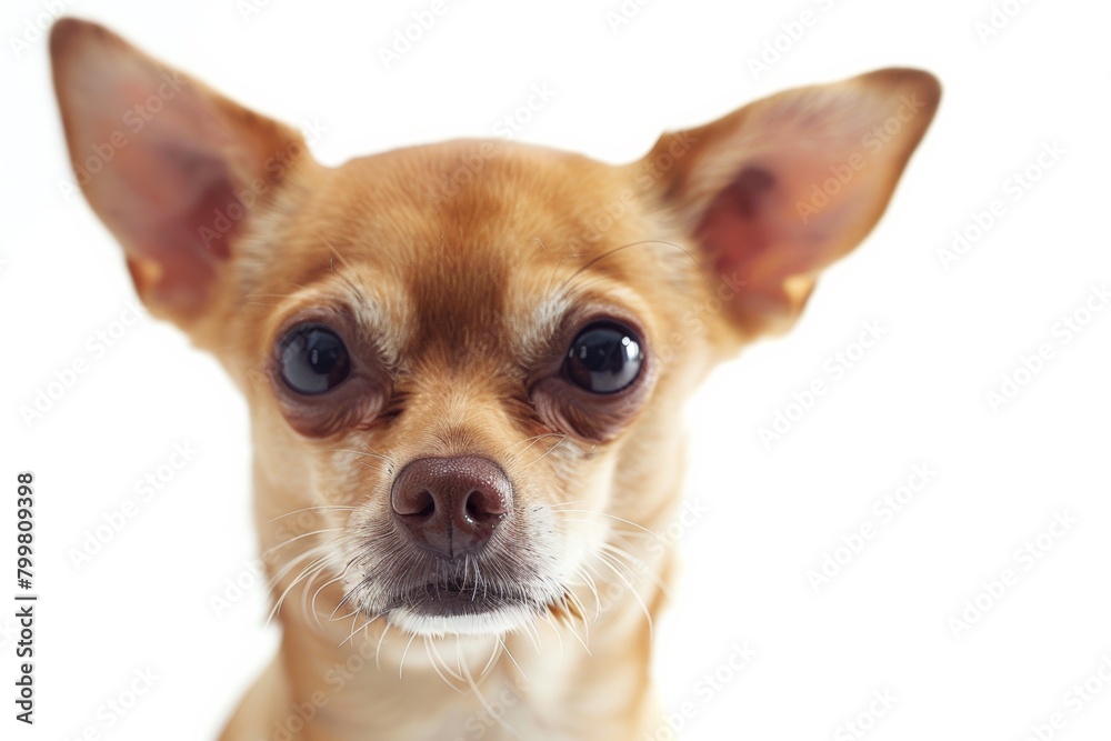 Chihuahua puppy poses on white background, adorable and playful.