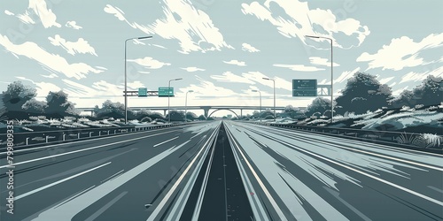 Sketch of a modern highway with 4 lanes going, 4 lanes coming, road signs. Vector illustration style. Generative AI. photo