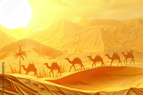 A group of camels are walking across a desert with a sky in the background