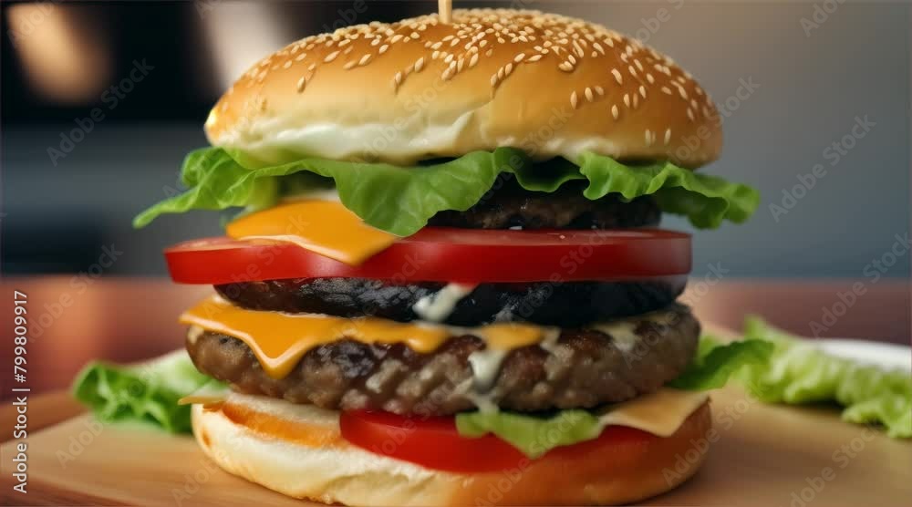 Fast Food Combo: Hamburger with Cheese, Beef Patty, Lettuce, Tomato and Fries on plate. Fast Food Combo: Hamburger with Cheese, Beef Patty, Lettuce, Tomato and Fries on plate.