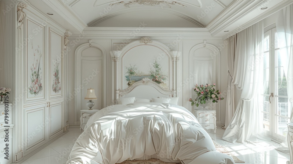 Fototapeta premium Elegant white master bedroom. Generative AI.