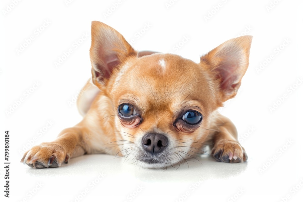 Chihuahua puppy poses on white background, adorable and playful.