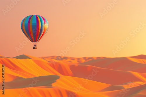 A colorful hot air balloon is floating over a desert landscape