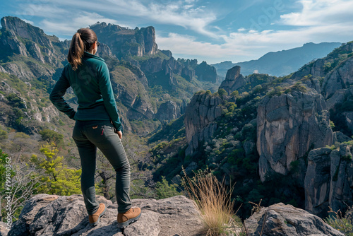 An adventurous woman traveler is caught in a moment of awe as she observes the majestic Mexican mountains, symbolizing youth and the spirit of travel photo