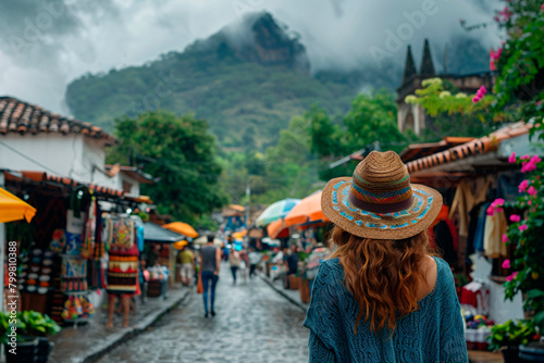 A young woman explores a colorful market street in Mexico, the essence of local travel and youthful curiosity filling the vibrant scene