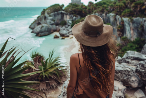 Against the backdrop of Mexico's rugged coastline, a youthful woman travels in thought, her hat suggesting a timeless journey and exploration photo