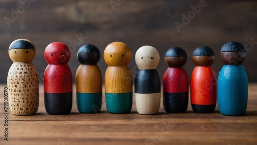 Global People diversity concept art shows in colorful puppet figures, Multi ethnical puppet figures standing in a row, Traditional handmade cute wooden puppets in traditional costume