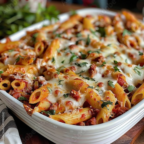 Oven-baked pasta in a white dish topped with melted cheese and sprinkled with fresh herbs, ready to serve photo