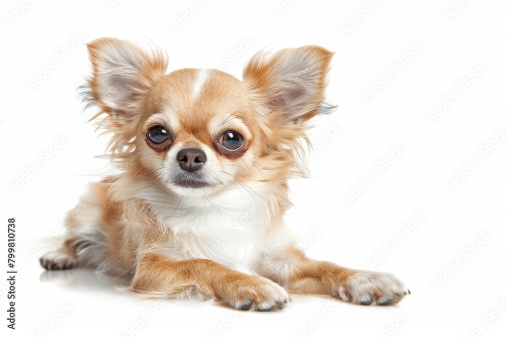 Chihuahua puppy poses on white background, adorable and playful.