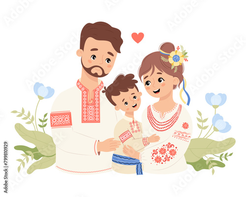 Happy Ukrainian family. Cute bearded man dad hugs his wife and son tenderly in traditional clothes embroidered shirt vyshyvanka. Vector illustration. Festive nation family