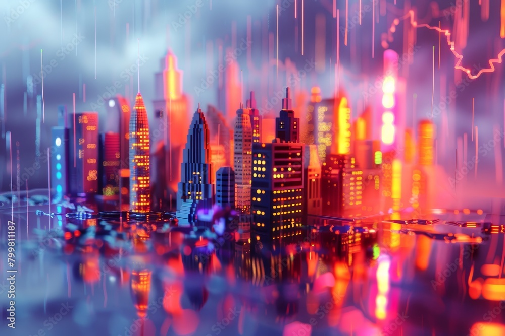 A cityscape with a bright red lightning bolt in the sky A cityscape with a bright red lightning bolt in the sky