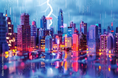 A cityscape with a bright red lightning bolt in the sky © Phuriphat