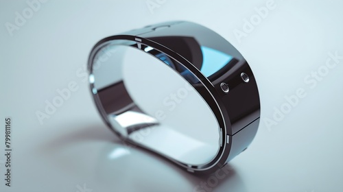  High-definition image of a futuristic fitness band monitoring health metrics, contrasting sharply against a solid white background. 