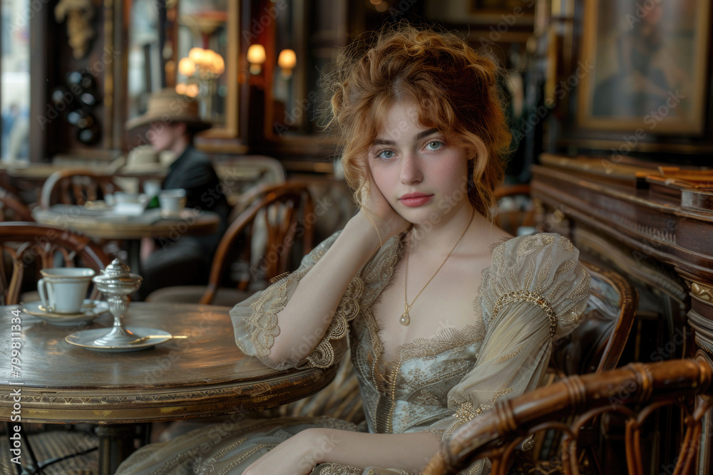 A young woman in a Belle Epoque gown, sitting in a Parisian cafe