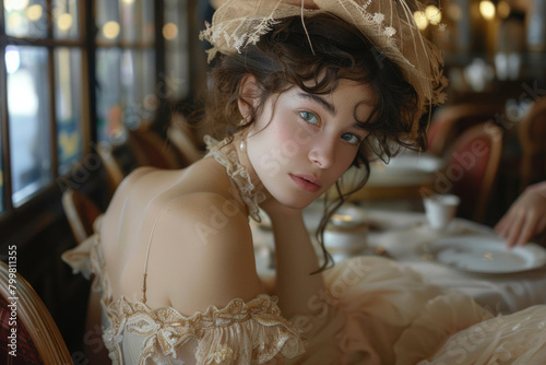 A young woman in a Belle Epoque gown, sitting in a Parisian cafe photo