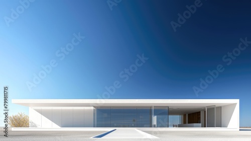 Low angle camera of white minimalistic architectural building structure or skyscraper with blue clear sky. Modern white house making from concrete architecture. Artistic creative minimal house. AIG42.