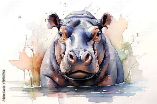 Draw an image of a hippo in watercolor. Generative AI