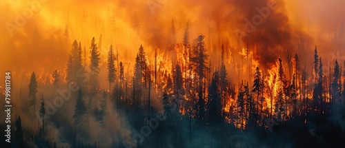 An out-of-control forest fire rages across the landscape, with towering flames and thick smoke consuming the trees in a terrifying display of nature's destructive might. photo