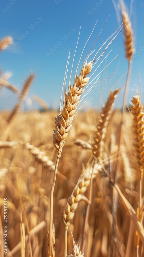 Closeup of golden ears of wheat in a sunlit field, with a clear blue sky and fluffy white clouds in the background, capturing the essence of a bountiful harvest. Closeup of golden ears of wheat in a sunlit field, with a clear blue sky and fluffy white clouds in the background, capturing the essence of a bountiful harvest.