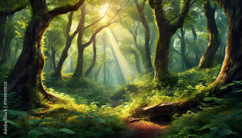 Naklejka premium Majestic forest scene, realistic style, lush greenery, sunlight filtering through trees