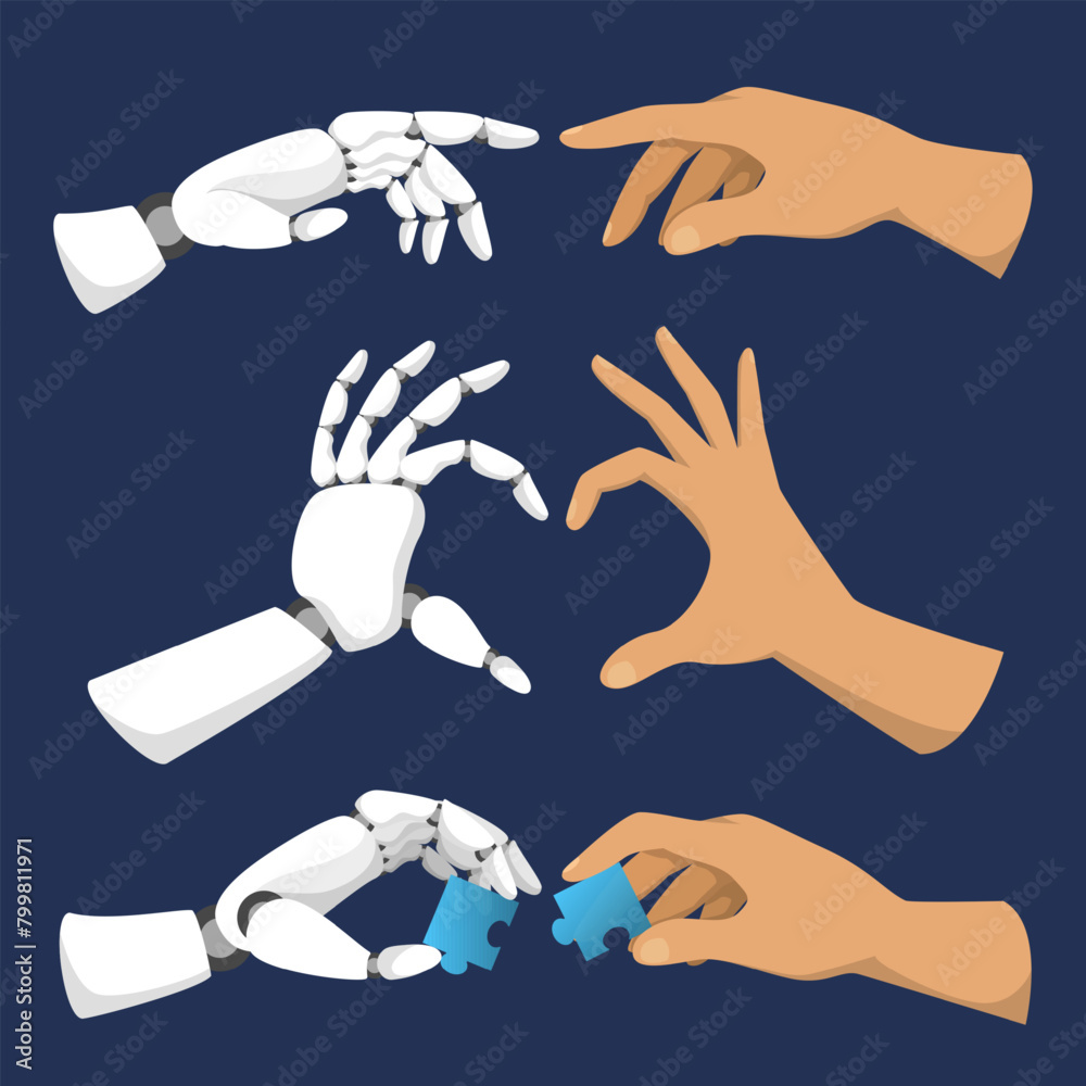 Robotic and human hands set vector isolated. Hand showing heart shape, fingers pointing at each other and holding puzzle pieces. Concept of future technology and artificial intelligence. Robotic and human hands set vector isolated. Hand showing heart shape, fingers pointing at each other and holding puzzle pieces. Concept of future technology and artificial intelligence.