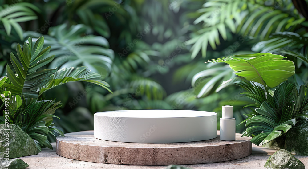 Presentation ad concept for organic natural cosmetic product on green eco forest fresh leaves nature flat lay background. Generative AI.