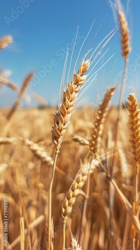 Closeup of golden ears of wheat in a sunlit field  with a clear blue sky and fluffy white clouds in the background  capturing the essence of a bountiful harvest.