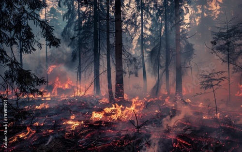 Intense flames and thick smoke engulf a dense forest, creating a dramatic and destructive scene of an out-of-control wildfire. photo