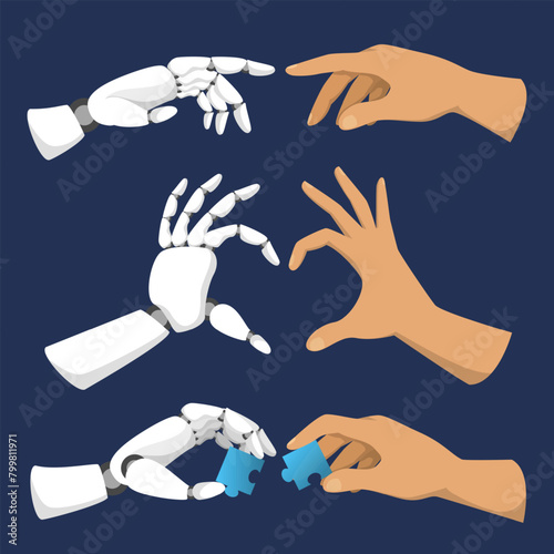 Robotic and human hands set vector isolated. Hand showing heart shape, fingers pointing at each other and holding puzzle pieces. Concept of future technology and artificial intelligence.