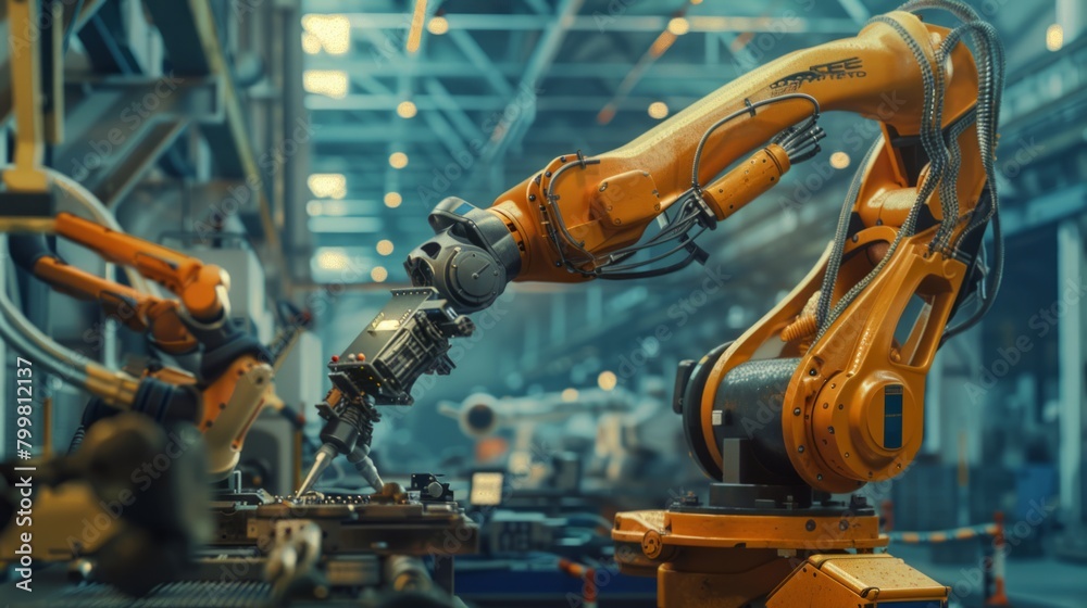 Engineers use cyber robot software to control industrial robot arms in factories The automated production process is controlled by experts using Internet-connected IOT software.