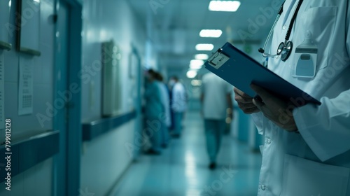Photograph of a doctor holding a clipboard and stethoscope on the background of a hospital ward.