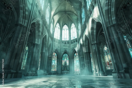A large, empty room with stained glass windows and a cathedral-like atmosphere