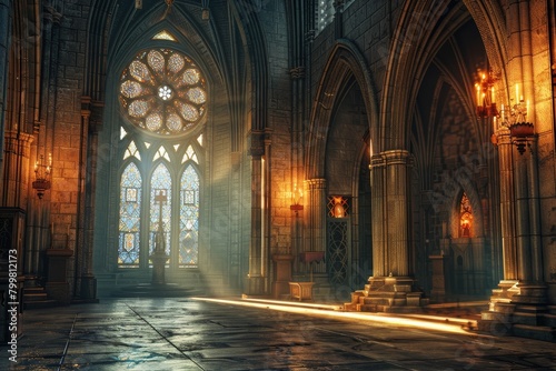A large, empty room with stained glass windows and a cathedral-like atmosphere