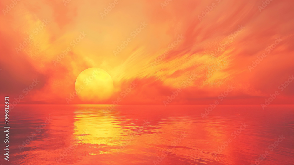 Fiery sunset over ocean, sky ablaze with warm hues, sun reflects on tranquil waters.